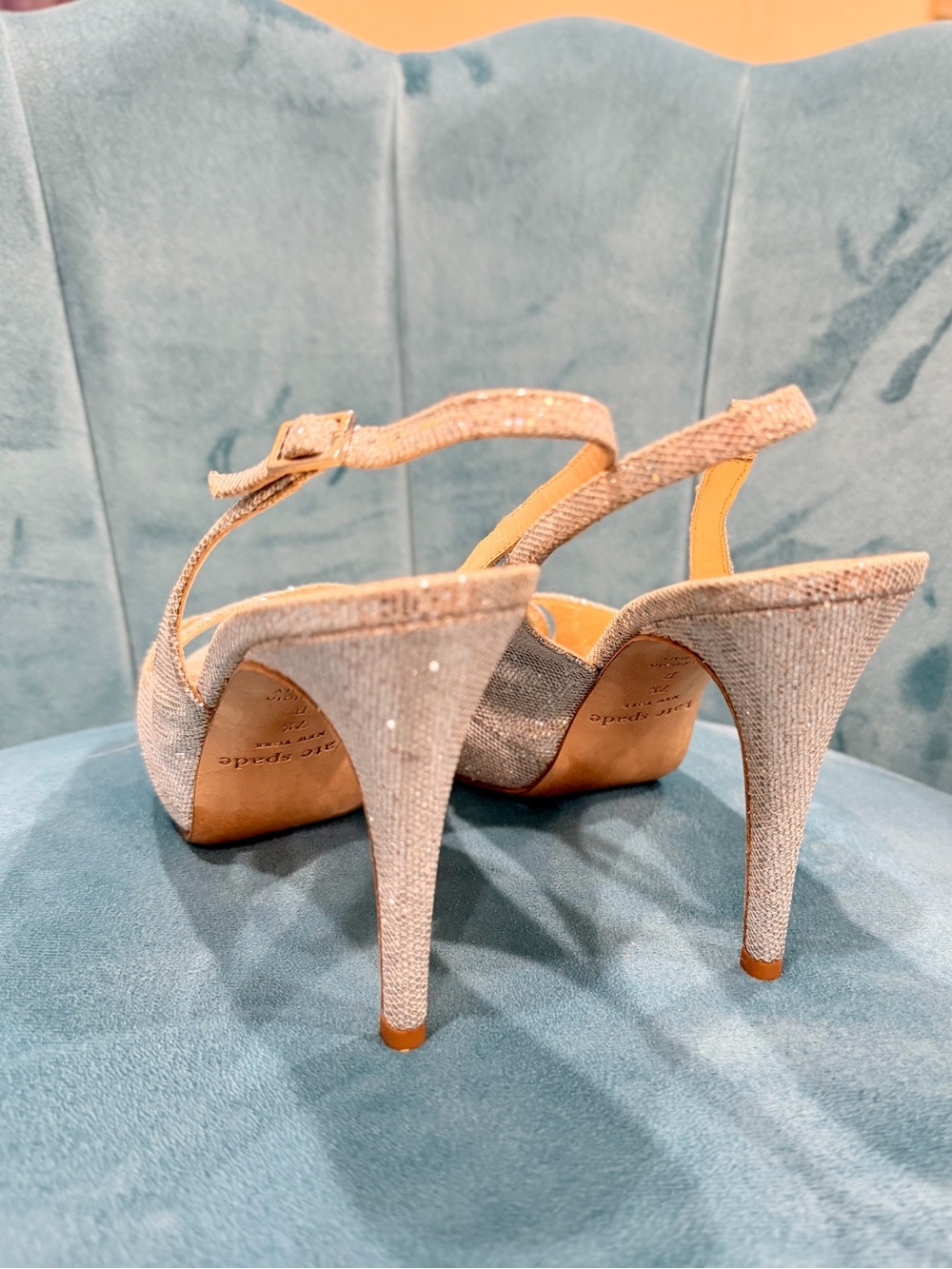 EUC - Kate Spade Strappy Silver Slingback Heels - Size 7 - Picture 4 of 6